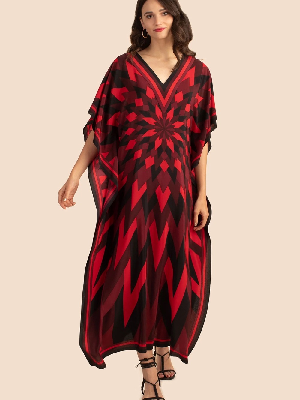 Trina Turk 100% Silk Red & Black V-Neck Geometric Kaftan